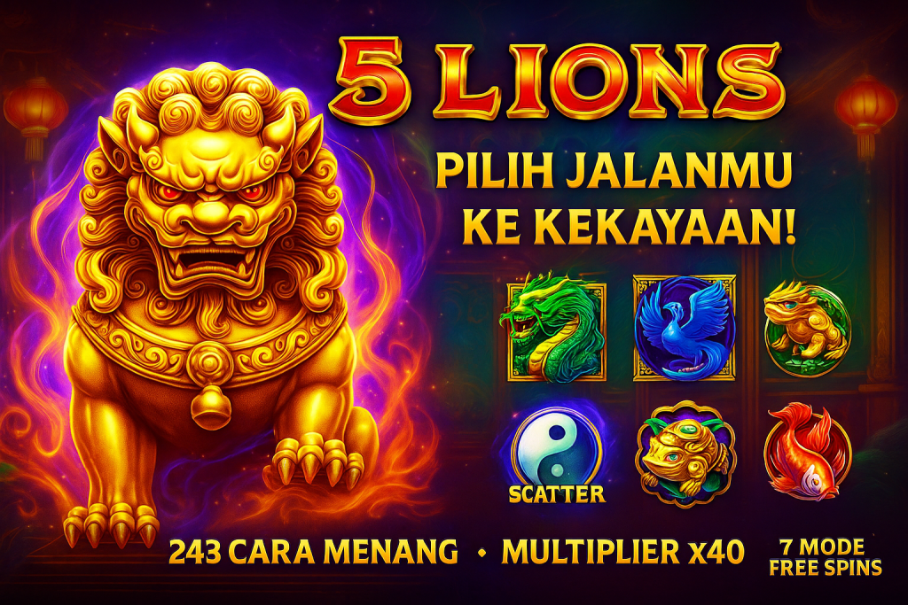 Singa emas besar di tengah, mengaum dikelilingi api naga