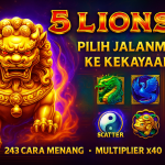 Singa emas besar di tengah, mengaum dikelilingi api naga
